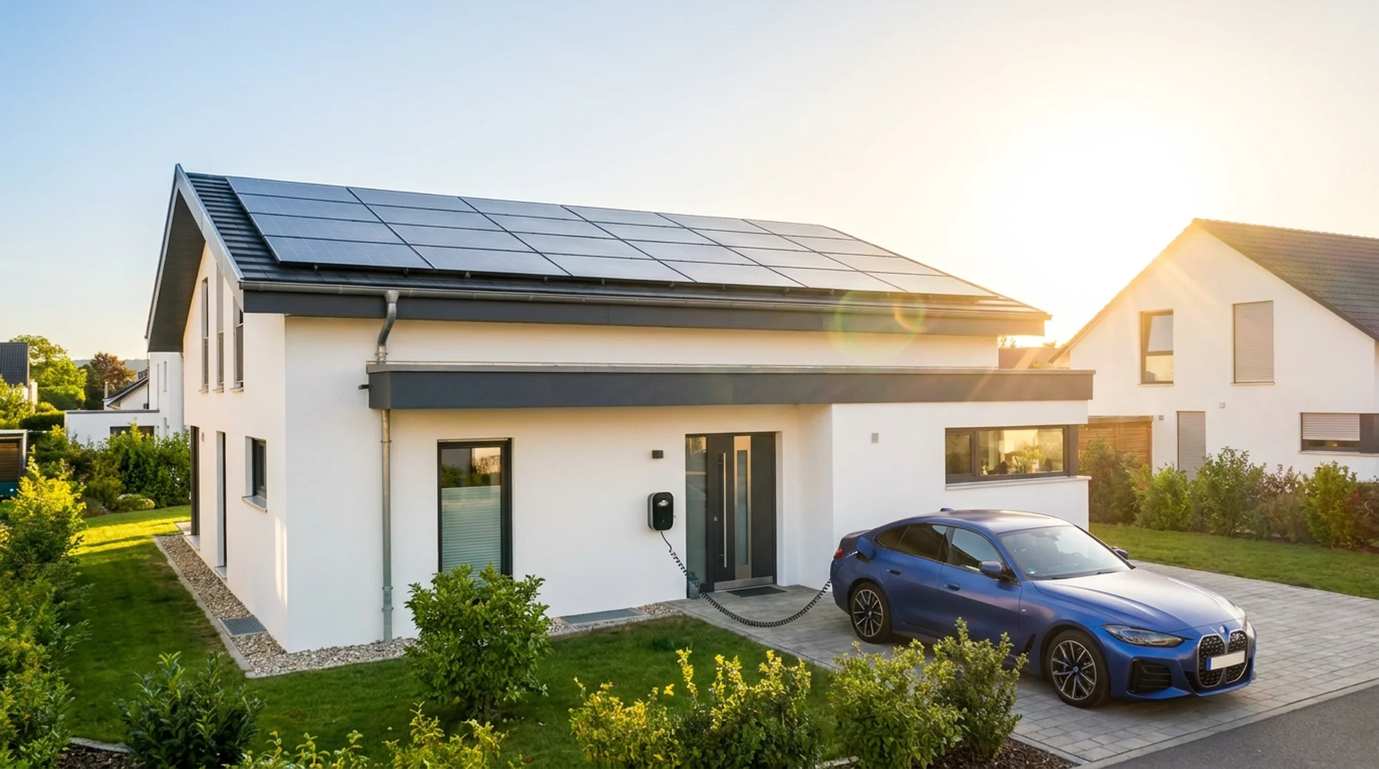 Modernes Einfamilienhaus mit vollflächiger Photovoltaikanlage im Sonnenlicht, ein Elektroauto lädt an der Wallbox in der Einfahrt