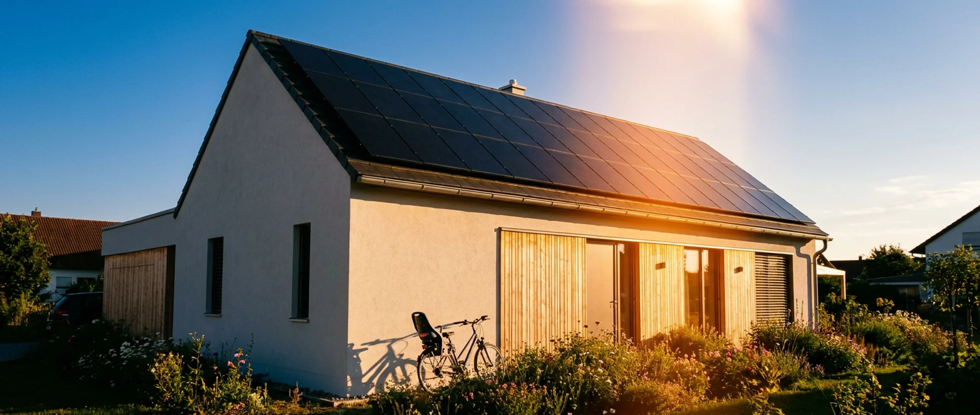 Modernes Einfamilienhaus mit vollflächiger Photovoltaikanlage im warmen Sonnenlicht, Fahrrad an der Fassade