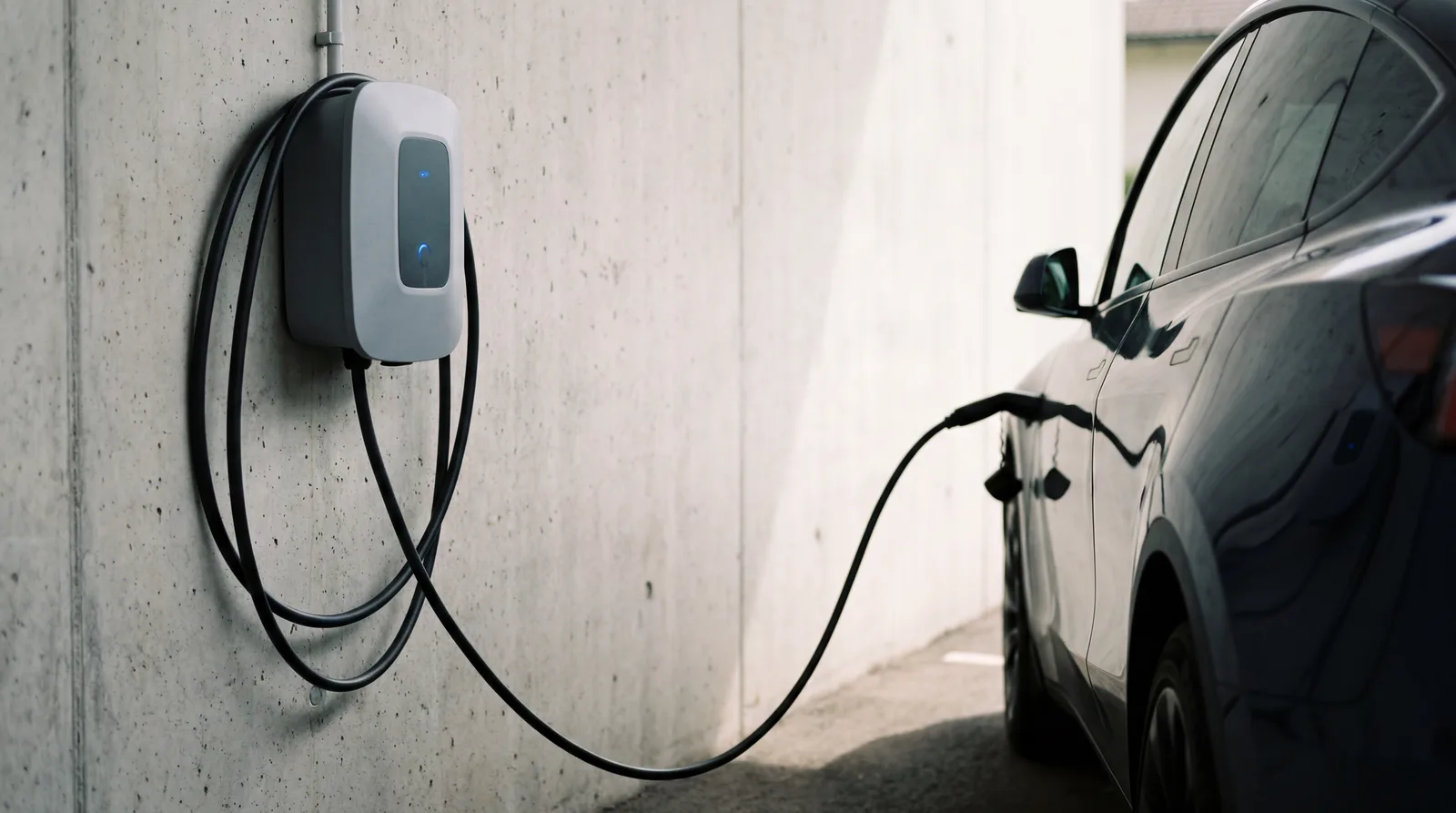 Wallbox-Ladestation an einer Betonwand mit angeschlossenem Ladekabel an einem Elektroauto in der Abenddämmerung