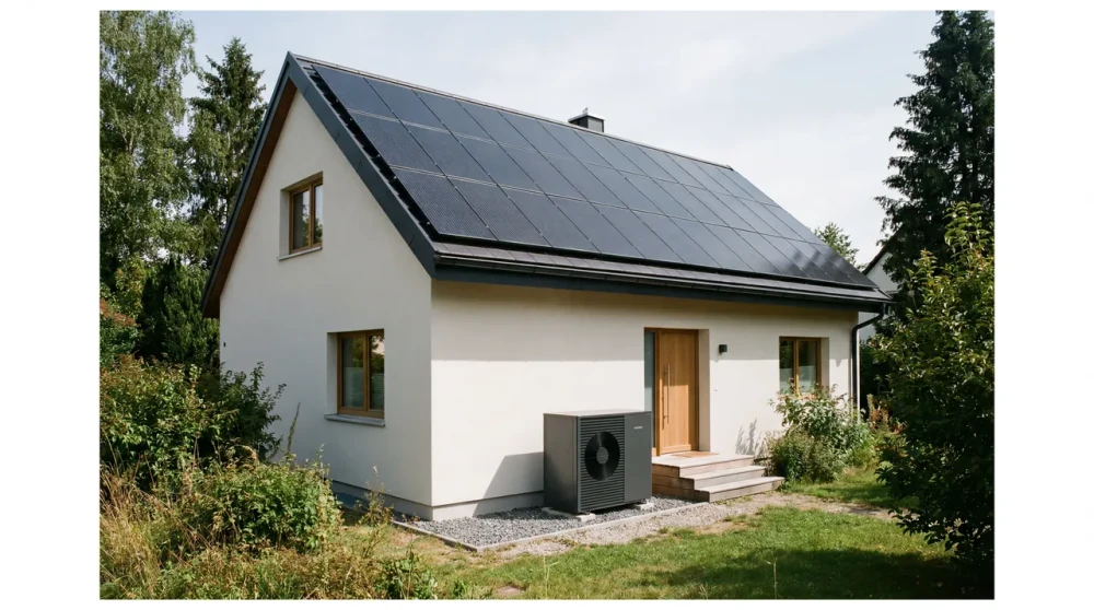 Saniertes Einfamilienhaus mit weißer Putzfassade, komplett mit Photovoltaik belegtem Satteldach und Wärmepumpe im Garten