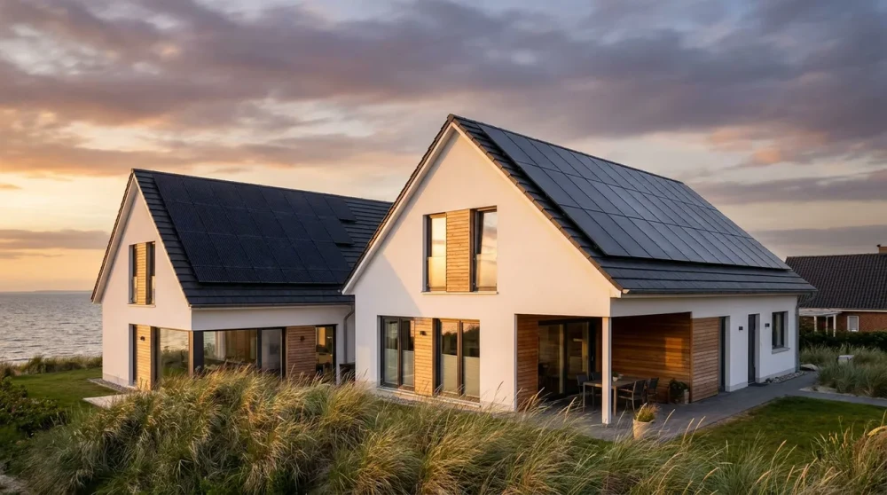 Modernes Einfamilienhaus an der Ostseeküste bei Kiel mit Ost-West-Photovoltaik-Belegung im Abendlicht