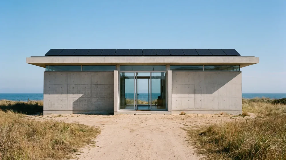 Minimalistisches Flachdachhaus aus Sichtbeton mit Photovoltaikanlage auf dem Dach, Blick auf die Nordsee