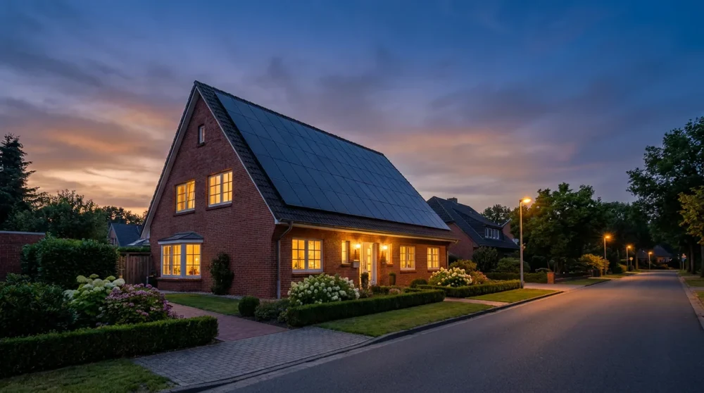 Klinker-Einfamilienhaus in Oldenburg mit vollflächiger Photovoltaik-Anlage auf dem Süddach in der Abenddämmerung