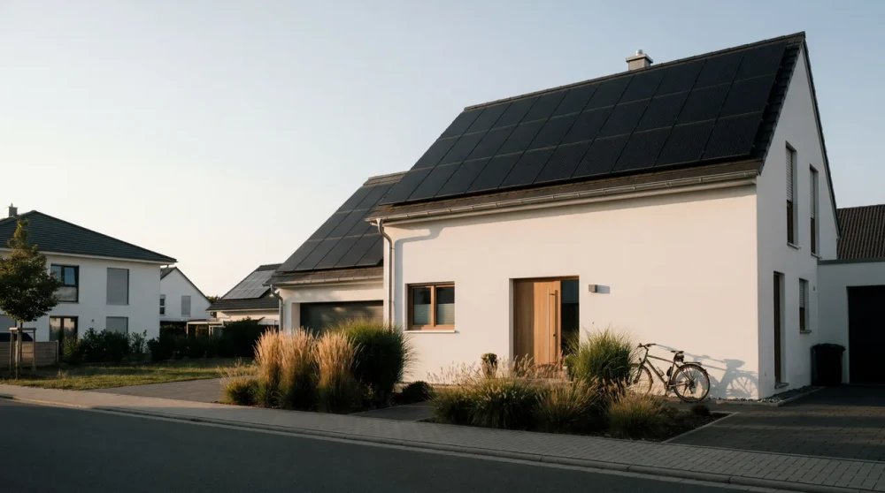 Weißes Einfamilienhaus in einem niedersächsischen Straßendorf mit vollflächig belegtem Photovoltaik-Satteldach und Fahrrad am Eingang