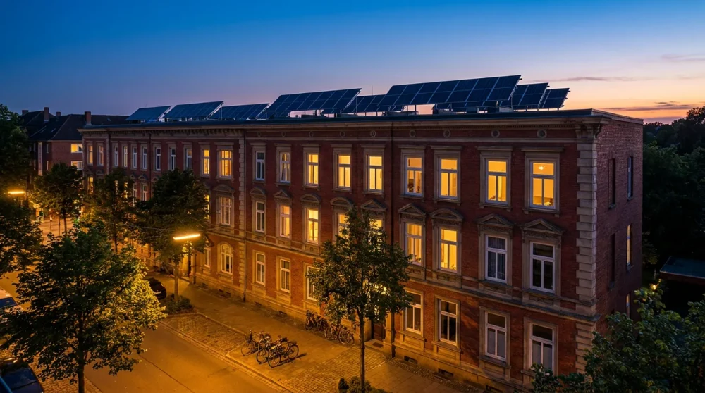 Bremer Altbau-Mehrfamilienhaus mit aufgeständerten Photovoltaik-Modulreihen auf dem Flachdach bei Dämmerung