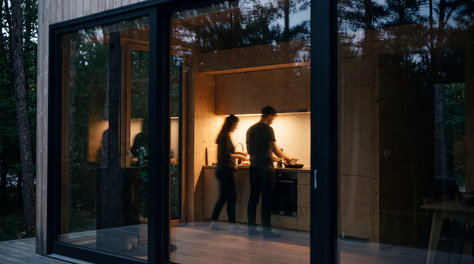 Blick durch eine große Glasfront in ein warm erleuchtetes Zuhause am Abend, ein Paar bereitet in der offenen Küche unscharf im Hintergrund das Abendessen zu