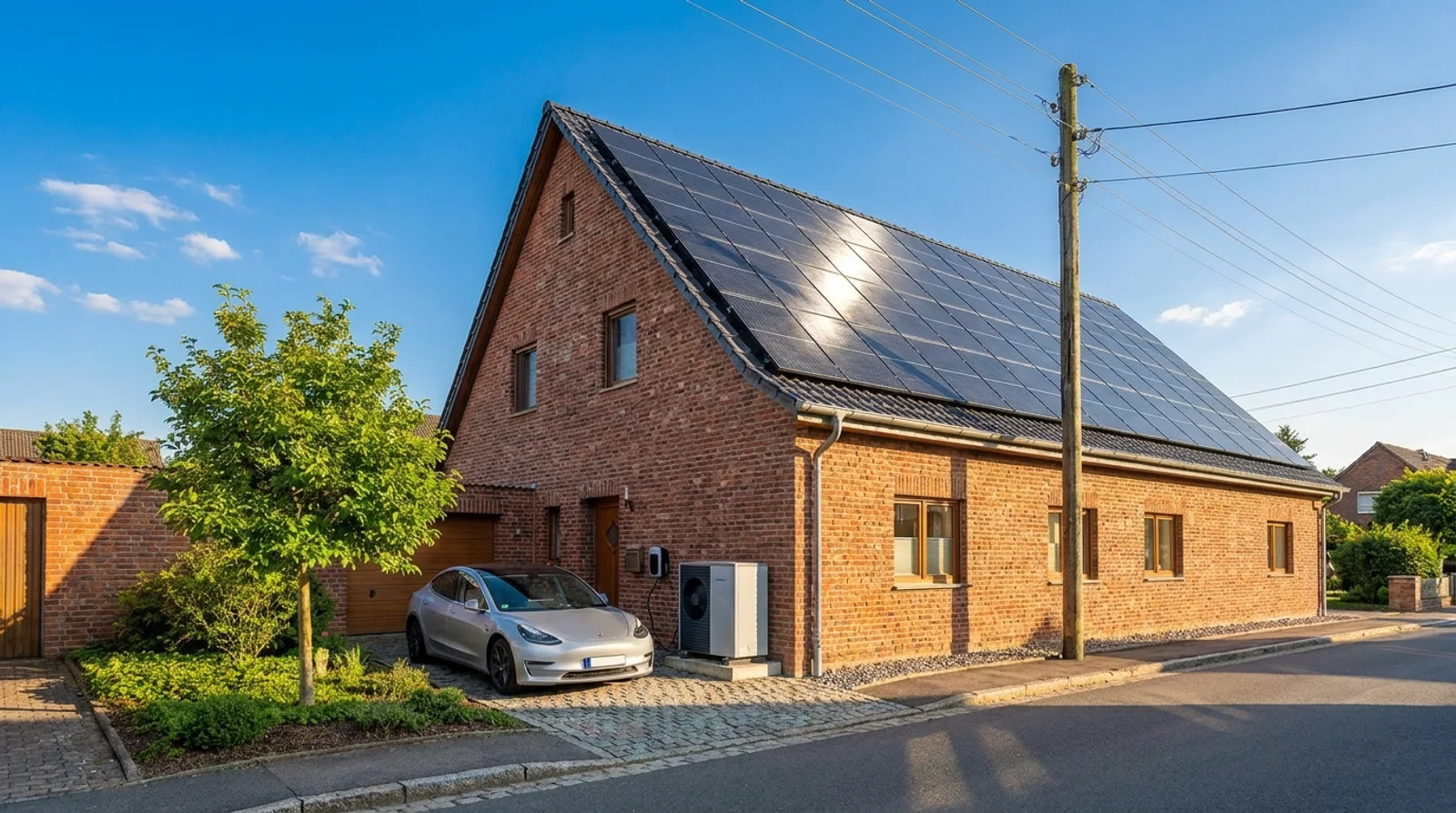 Dasselbe Einfamilienhaus in der Sonne, jetzt mit Photovoltaikanlage auf dem Satteldach, Wärmepumpe und einem an der Wallbox ladenden Elektroauto in der Einfahrt