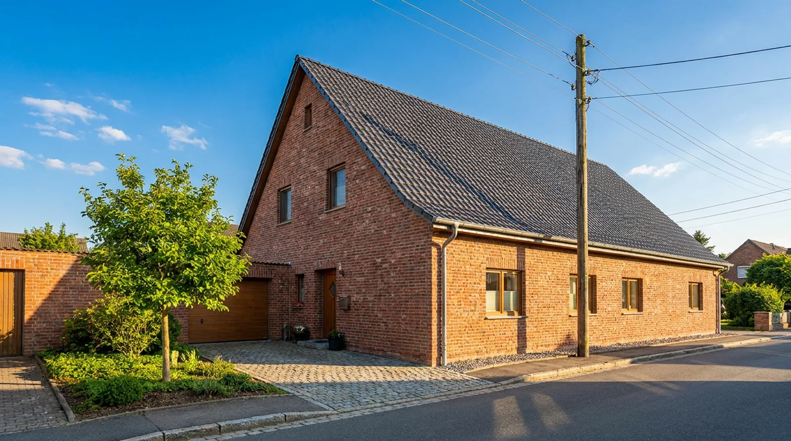 Einfamilienhaus mit Klinkerfassade und leerem, unbelegtem Satteldach an einem sonnigen Tag